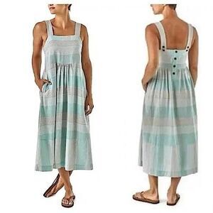 Patagonia Garden Island Hemp Blend Blue Striped Dress Pockets Buttoned Medium M